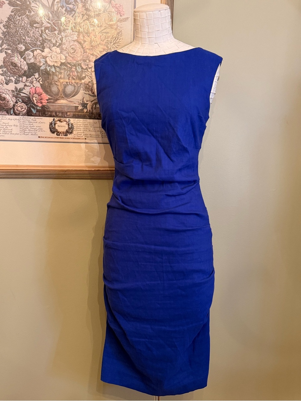 Artelier Nicole Miller Royal Blue Linen Blend Ruched Sheath Dress Size 6